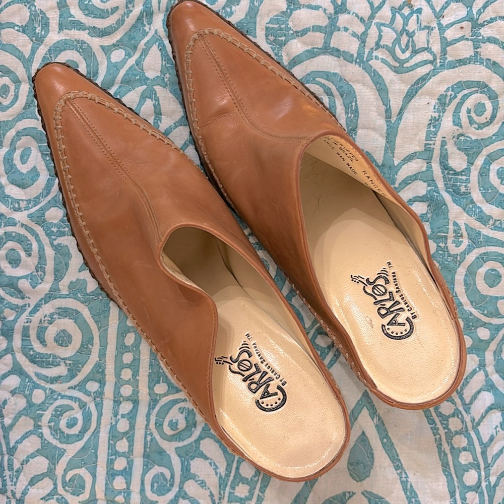 Carlos Santana Leather Mule Heels Sz 9 women’s tan beige camel like new vintage